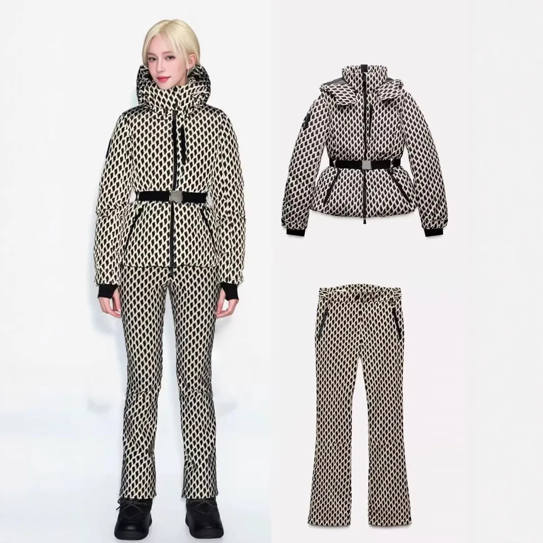 Winter ski set in two pieces with high waist hood sports padded Parka jacket women's belt thick pockets and hot windproof ski pants
