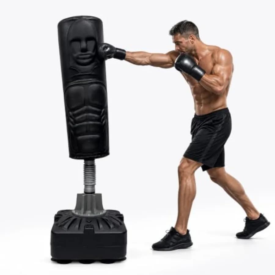 Adjustable Height Freestanding Humanoid Punching Dummy Boxing Training Bag for home gym use, durable vinyl exterior, black with