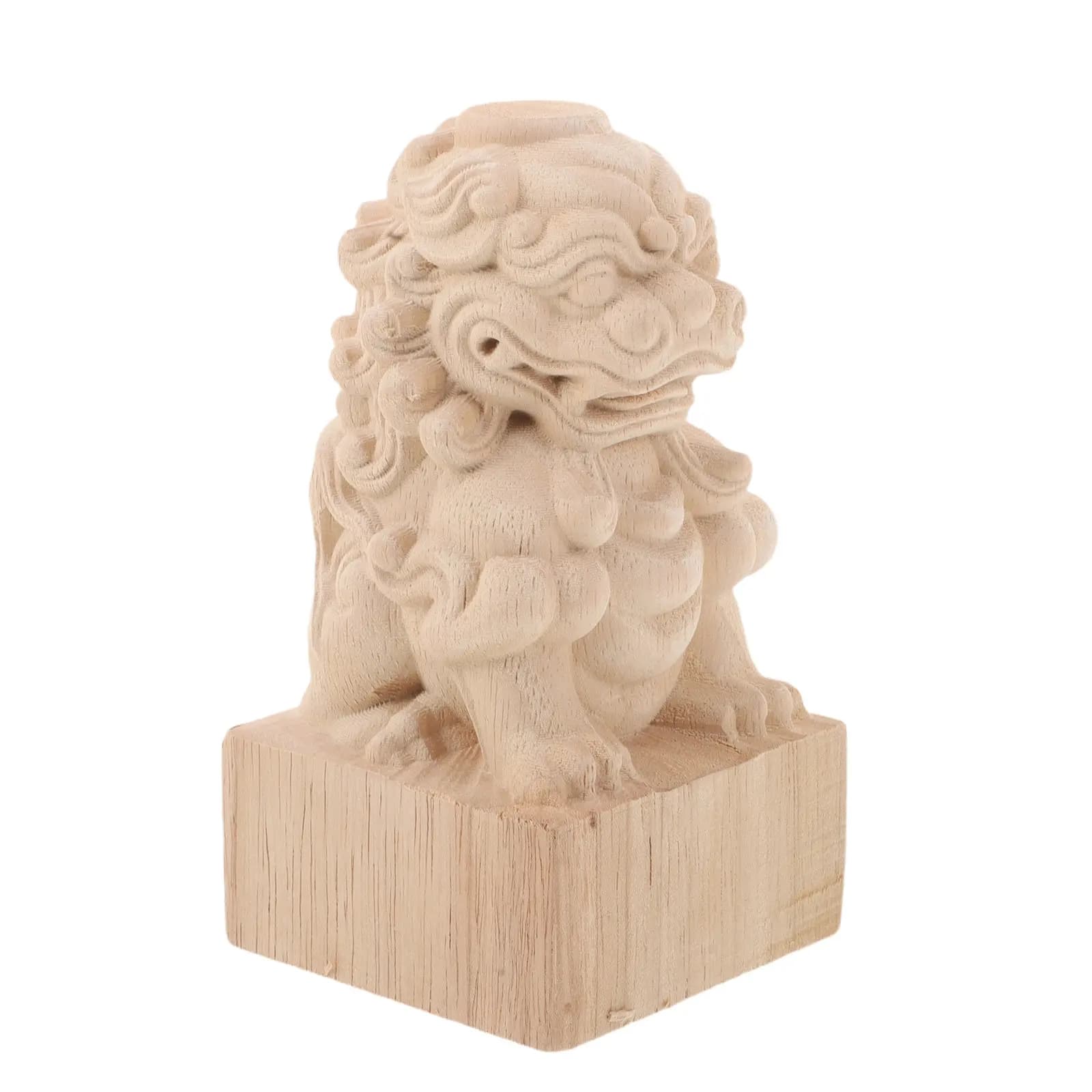 Unpainted Wood Lion Finial 8x8x15cm Carved Staircase Newel Finial Handrail Column Cap DIY Decorative Bedpost Curtain Rod End