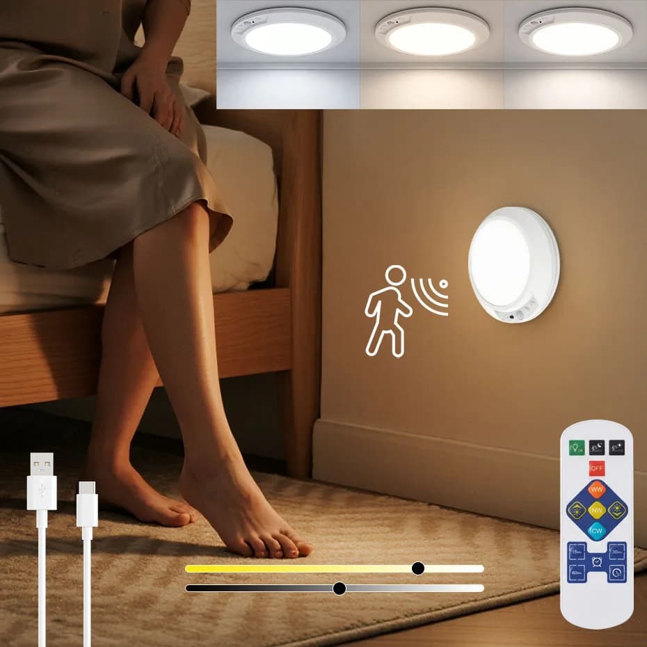 USB Type-C Rechargeable Ceiling Light Motion Sensor Magnetic Lamp WW+CW+NW Wall Lamp Remote LED Night Light For Kitchen Coatroom