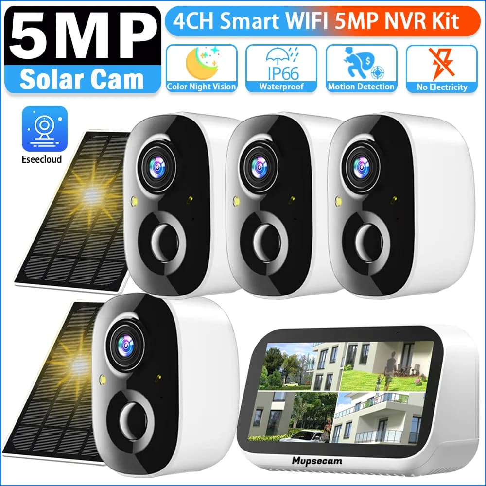 5MP 4CH Outdoor Waterproof 4CH Outdoor Waterproof Solar WiFi Bullet Camera Security Monitor Kit