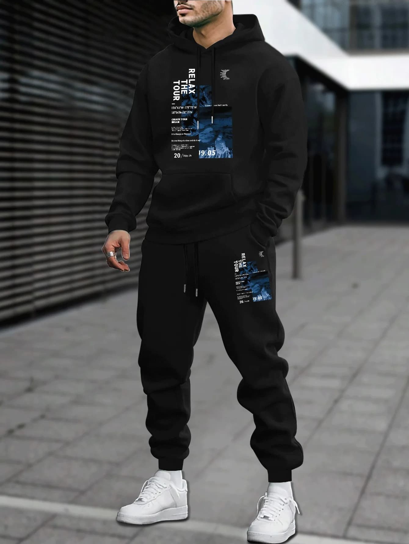 Men Autumn Winter Hoodie Sweatpants 2 Piece Set American High Street Graphic Print Tracksuit Male Loose Casual Sport Matching