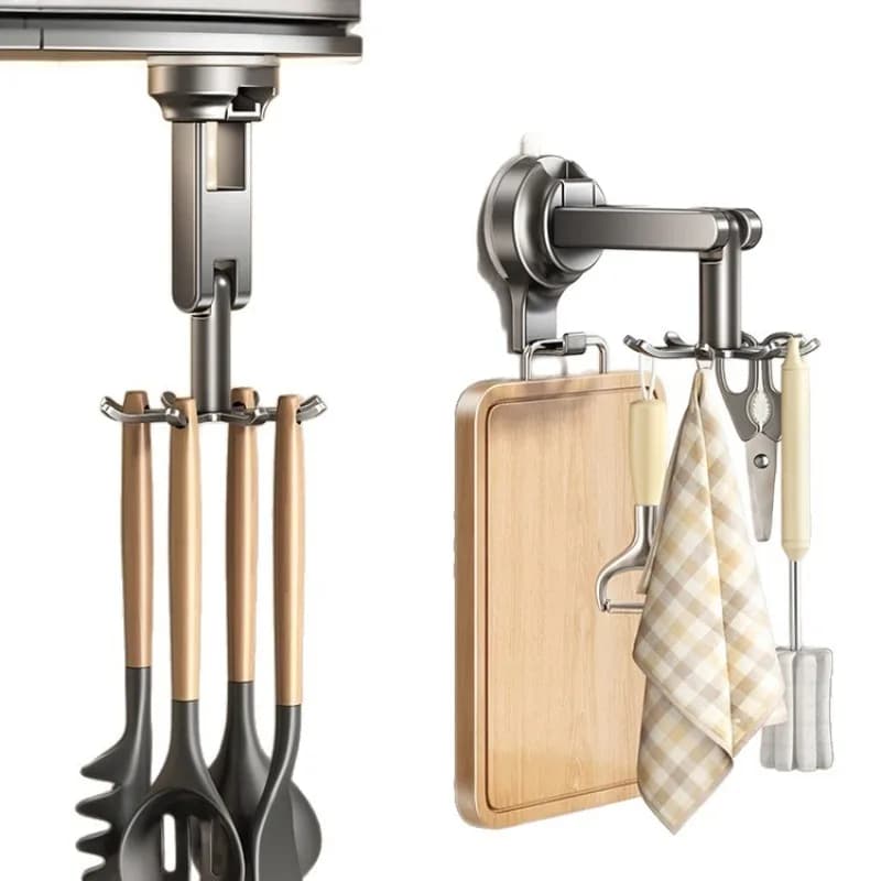 Punch-Free 360° Rotating Kitchen Utensil Rack Suction Cup Wall Mount Hook Organizer for Spoons Ladles Cutting Boards and Towels