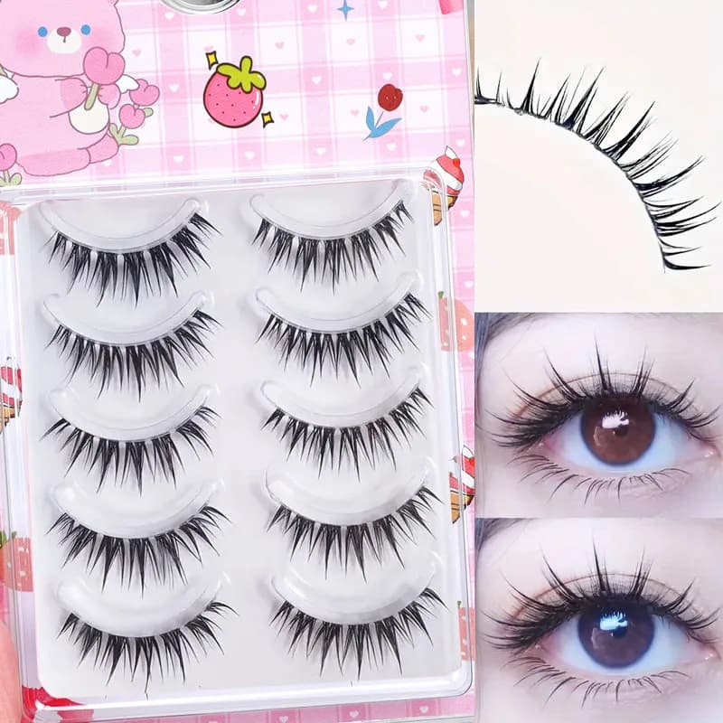 5 pairs of wet comic eyelashes, cat eyes and natural style C rolls, slim stem fairy tale comic style fake eyelashes