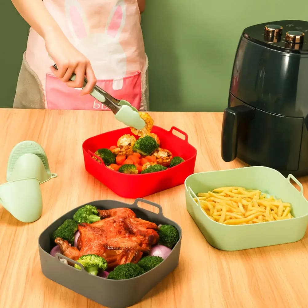 Rivestimento in Silicone Riutilizzabile per Friggitrice ad Aria, Antiaderente, Resistente al Calore, Lavabile in Lavastoviglie, Superficie Liscia per Gamberetti, Hamburger, Ali di Pollo