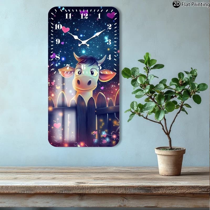 1 Piece Elegant Cow Cute With Hearts And Stars Rectangular Wooden Quartz Wall Clock Perfect Christmas Gift For Friends