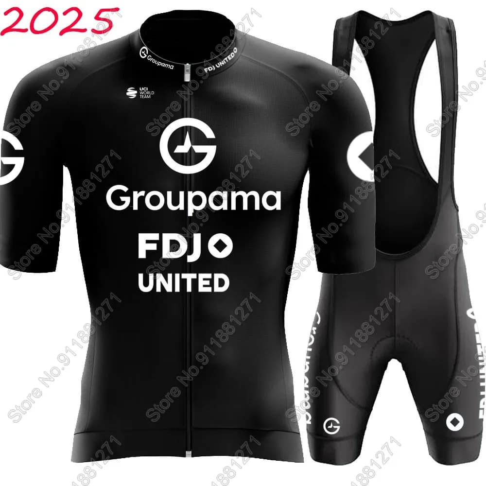 Black Cycling Knit FDJ 2025 Team Set Groupama Men Bike Clothing Road Bike Knits Jumpsuit Shorts with Bike Blisters MTB Ropa Maillot