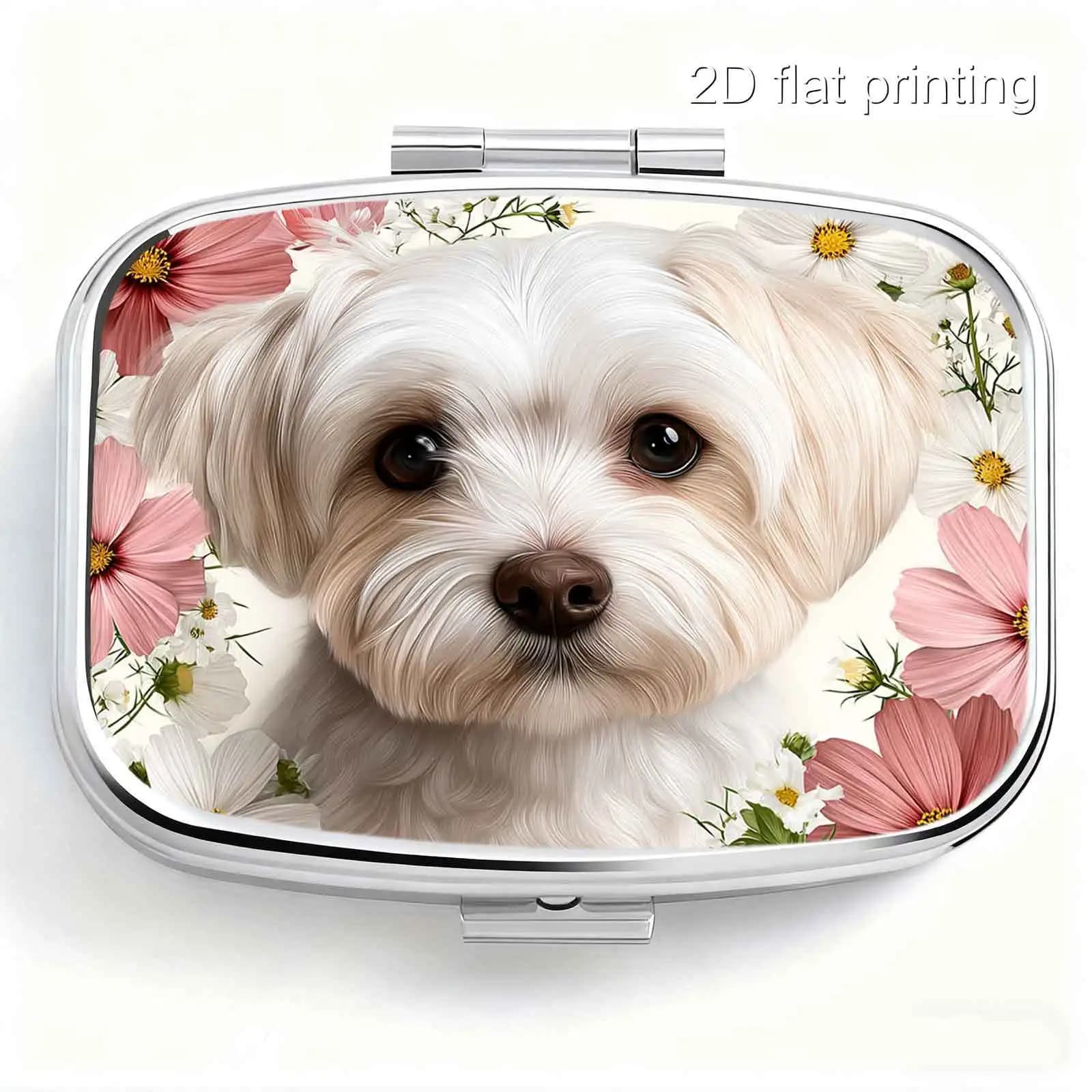 A Square Double-Compartment Pill Box with a Realistic Hand-Painted Maltese Puppy Design, Pink and White Checkered Pattern with Flowers Surrounding It, Cute Pet Motif, Portable Medicine Organizer, Small Jewelry Storage Box, Suitable for Placing in a Pocket, Handbag, or for Travel, Holiday Gift