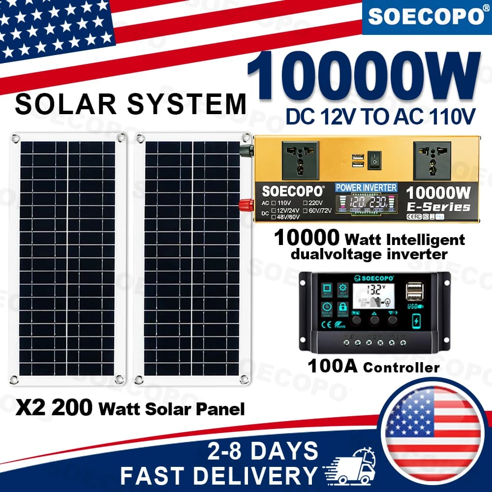 Kit Sistema Solare SOECOPO 10000W con 2 Pannelli da 200W, Regolatore 100A, Inverter Intelligente a Doppia Tensione 12V 24V a 110V per Camper (Disponibile in Magazzino USA)