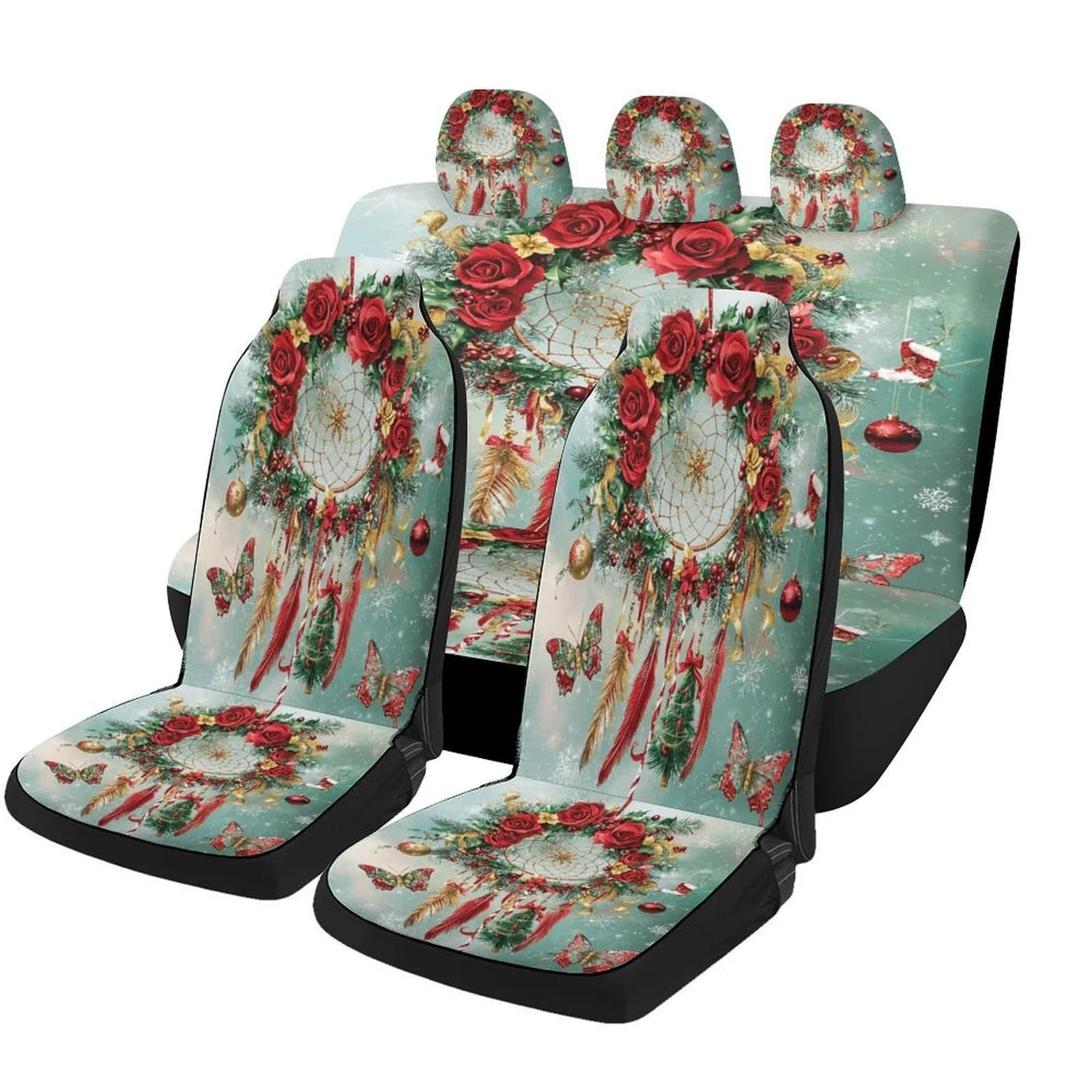 Christmas Dreamcatcher Wreath Themed Car Seat Cover Set For Most Cars, Trendy High-quality Car Seat Protector Covers Full Set, U