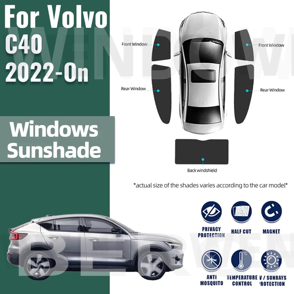 For Volvo C40 EC40 Coupe 2021-2023 2024 2025 Magnetic Car Sunshade Visor Front Rear Windshield Curtain Side Window Sun Shade