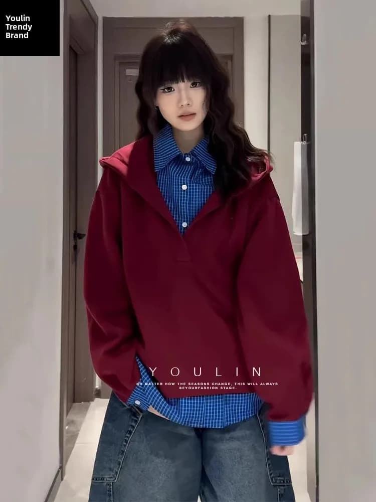 American Sle Plaid irt Collar Hoodie Men's Spring High End Hard Heavy Couple's Outerwear Double Layer Design Long Sve