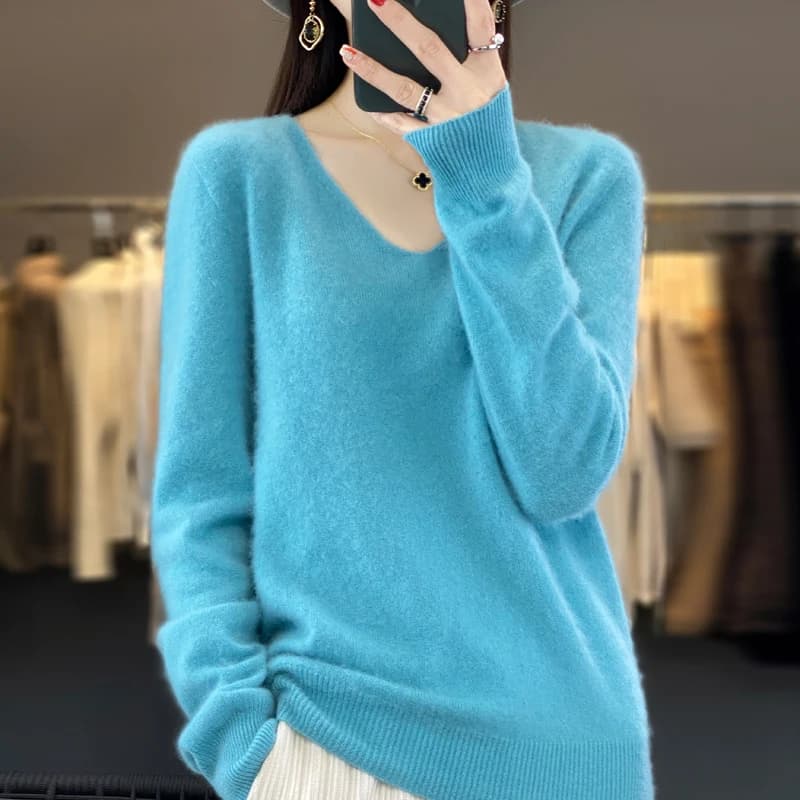 100% pura lana 2024 autunno e inverno nuovo maglione di cashmere pullover con scollo a V da donna moda pullover a maniche lunghe in tinta unita