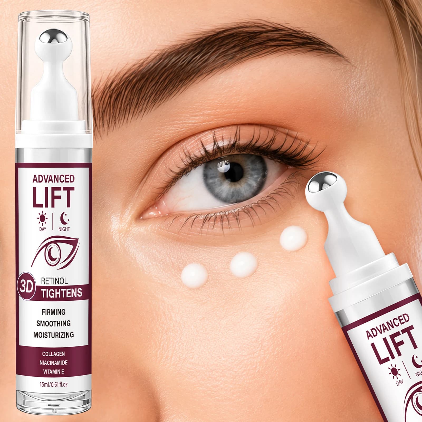 15ml Retinol Roll On Eye Serum with Niacinamide Collagen Vitamin E, Moisturizing Firming Under Eye Care