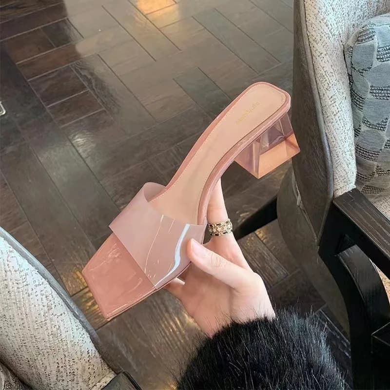 Women's Crystal Transparent Sandals, New Summer Sandals with High Heel and Square Toe, No Toe, for Outer