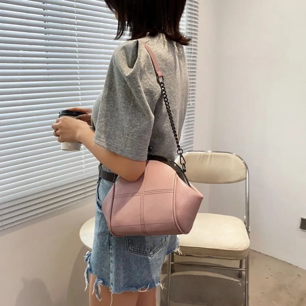 Solid Color Kiss Lock Handbag Chain Strap Large Capacity PU Leather Crossbody Bag Clip Closure Short Handle Clutch Shoulder Bag