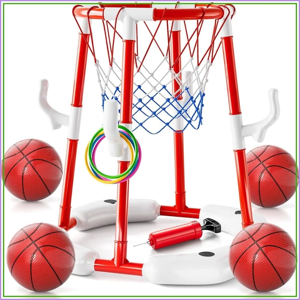 2-in-1 Pool Basketball Hoop & Ring Game with 4 Balls, 12 Rings & Pump, Summer Outdoor Water Play for Family