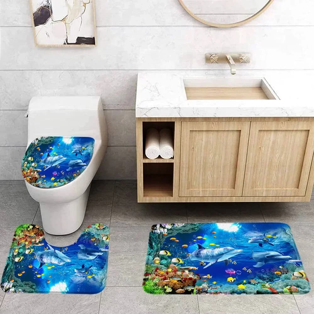 Set di tappetini da bagno con animali marini stampati in 3D, modello di delfino del mondo marino, decorazione per vasca da bagno, decorazione per il bagno con paesaggio dell'acqua di mare