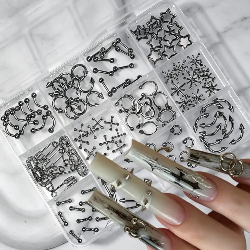 30/120Pcs Silver Piercing Studs Metal Nail Charms 3D Star Arrow Pin Coss Alloy Nails Rivet Decoration Retro Manicure Accessories