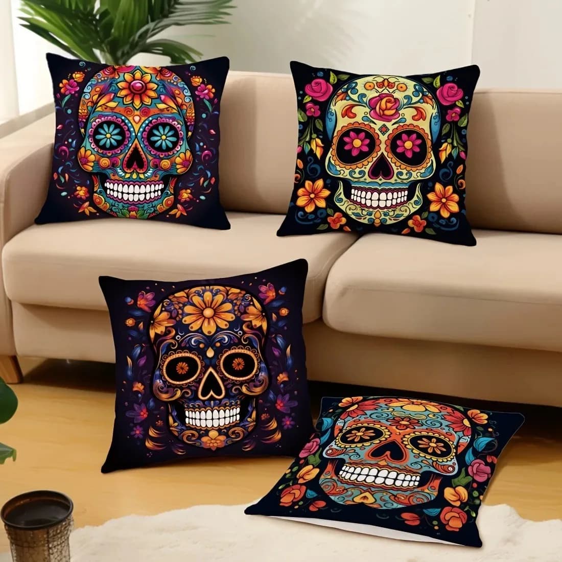 Fodere per cuscini stampate con teschio di zucchero colorato 45x45 cm, federe per divano e soggiorno, copricuscini di Halloween spaventosi