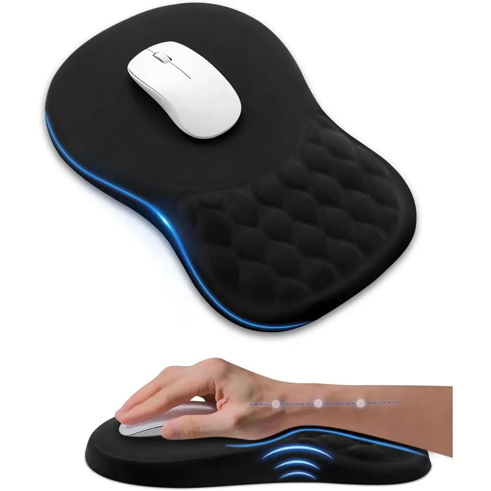 Tappetino per mouse ergonomico con supporto per il polso, memory foam, superficie liscia, base antiscivolo - Comodo per l'uso in ufficio o a casa (Nero)