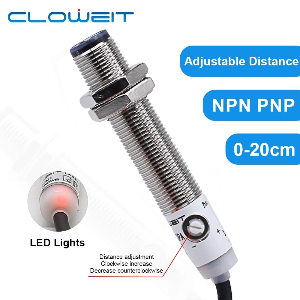Cloweit M12 sensore elettrico fotografico diffuso IP65 20cm interruttori a infrarossi ottici a lunga distanza 24v NPN PNP