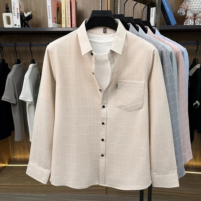 Camicia a maniche corte a quadri da uomo, elegante, per ufficio, con bottoni e tasca sul petto, per lavoro e uso quotidiano casual.