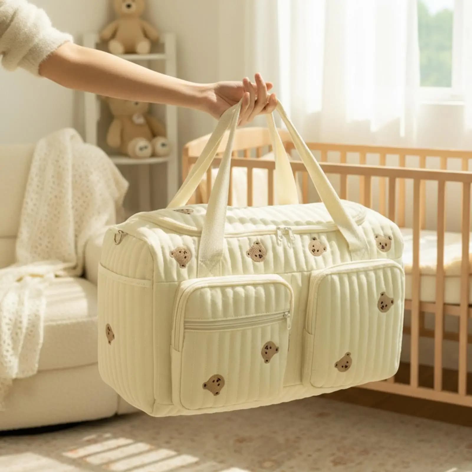 Borsa per pannolini per bambini Borsa a tracolla per mummia orso cartone animato Borsa per pannolini trapuntata per passeggino Borsa grande con cinghie per viaggi del fine settimana