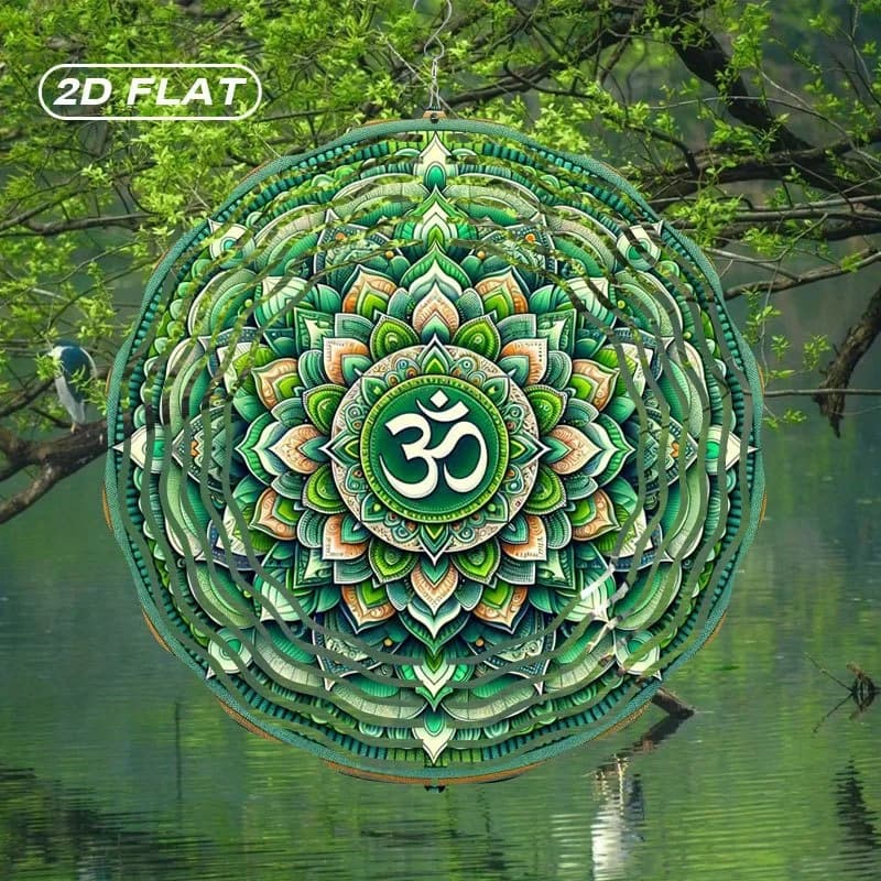 2D Flat Metal Om Mandala Wind Spinner Wind Chime Boho Style Indoor Outdoor Decor for Garden Yard Patio
