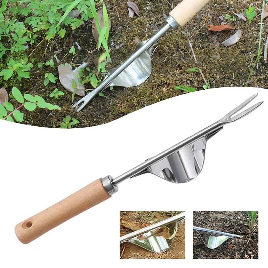 Handheld Weeder Tool Stainless Steel with Wooden Handle Manual Weed Puller for Garden Potted Plant Care Rust-Proof Root Removal