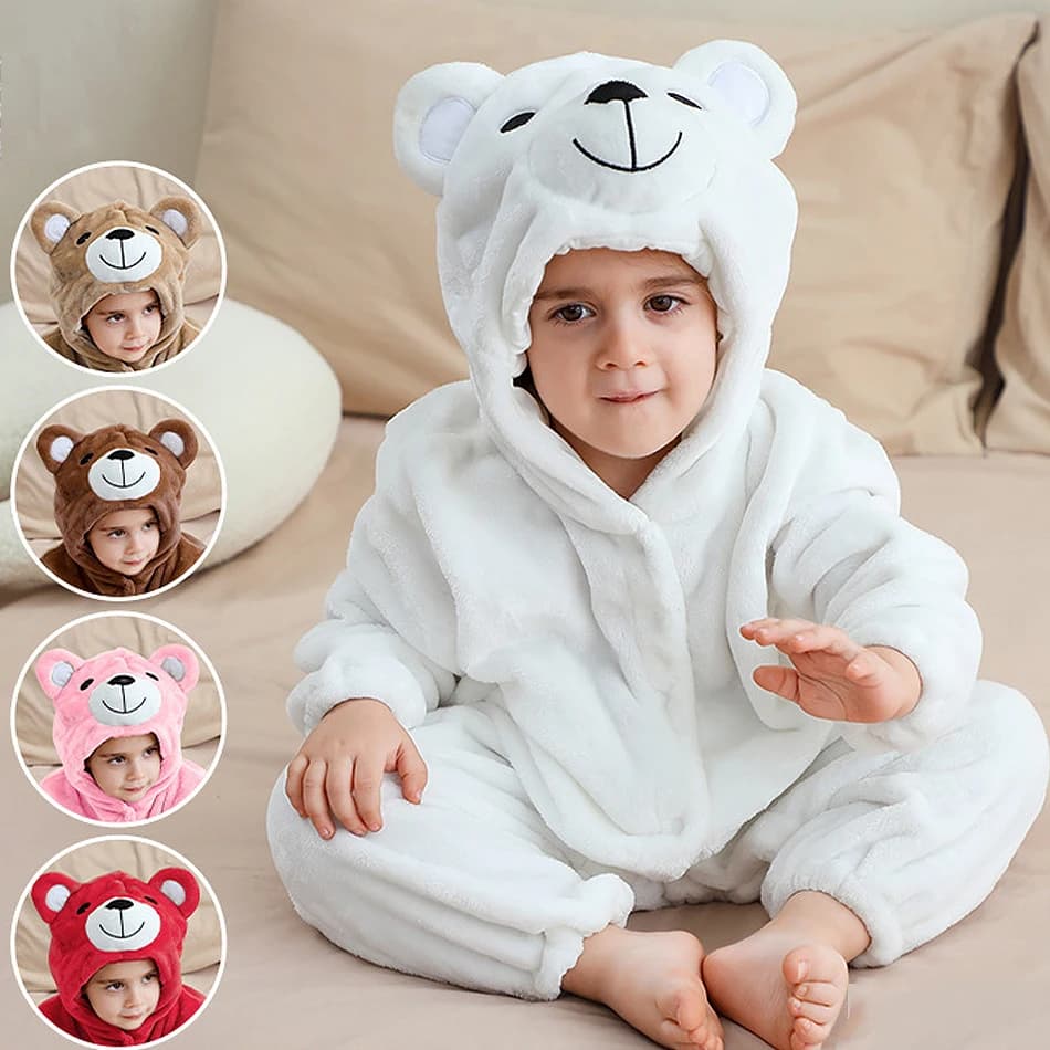 Toddler Solid Little Bear Long Sleeves Bodysuits Baby Girls Boys Animal Shaped Theme Party Pajamas Kids Hooded Cartoon Jumpsuits