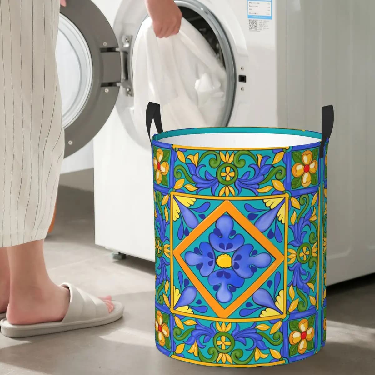 Summer Clothes Basket, Sicilian Style, Maiolica, Lemons, Mediterranean, for Dresses and Toys, Domestic Organizer