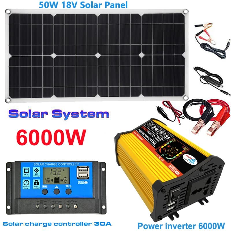 Sistema di pannelli solari 110V/220V pannello solare 50W 18V + regolatore di carica 30A + Kit di generazione di energia Inverter a onda sinusoidale modificata da 6000W