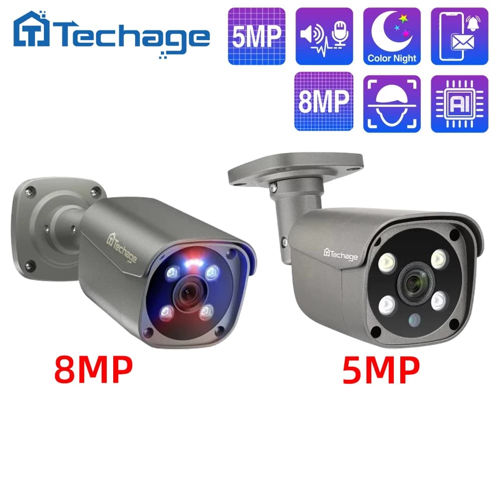 Techage 8MP 5MP 4MP POE Surveillance Camera H.265 HD Audio Bidirectional Smart AI Camera IP CCTV Video IR Exterior Waterproof for NVR