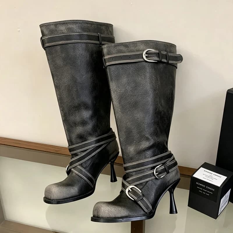 Winter Belt Buckle Detail Knee High Boots Women Square Toe Stiletto Heels Long Boots for Women Luxury Design Botas Largas Mujer