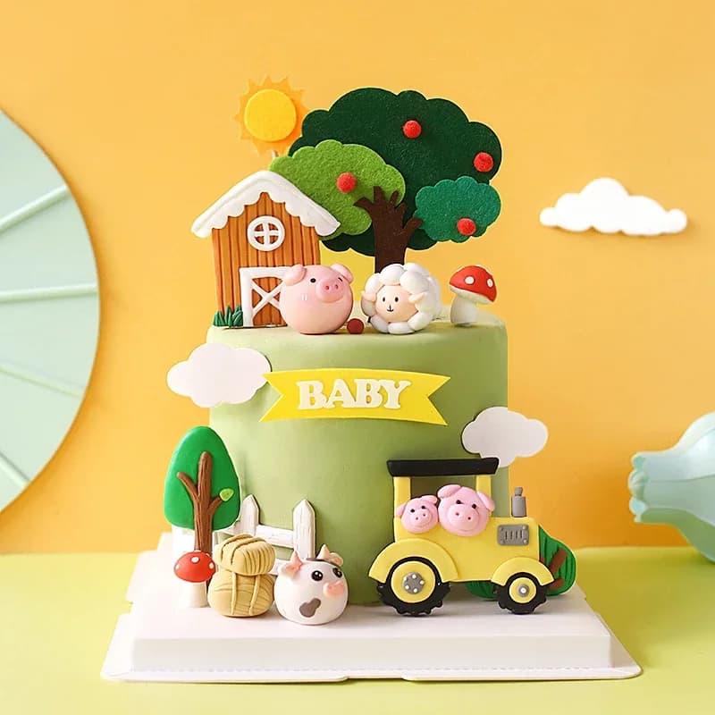 Topper per torta di buon compleanno Fattoria Zoon Trattore in argilla polimerica Vitello Agnello Decorazione per torta per feste per bambini Decorazioni per dessert per baby shower