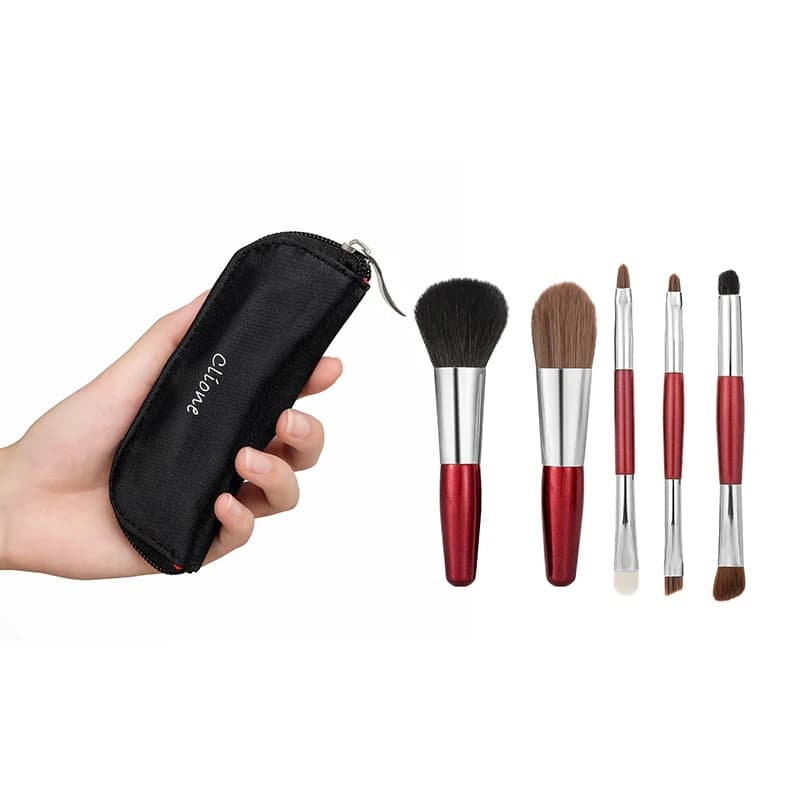 Set di 5 Mini Pennelli da Trucco con Setole Naturali, Portatili per Viaggio, per Ombretto/Fondotinta/Blush/Correttore e Labbra