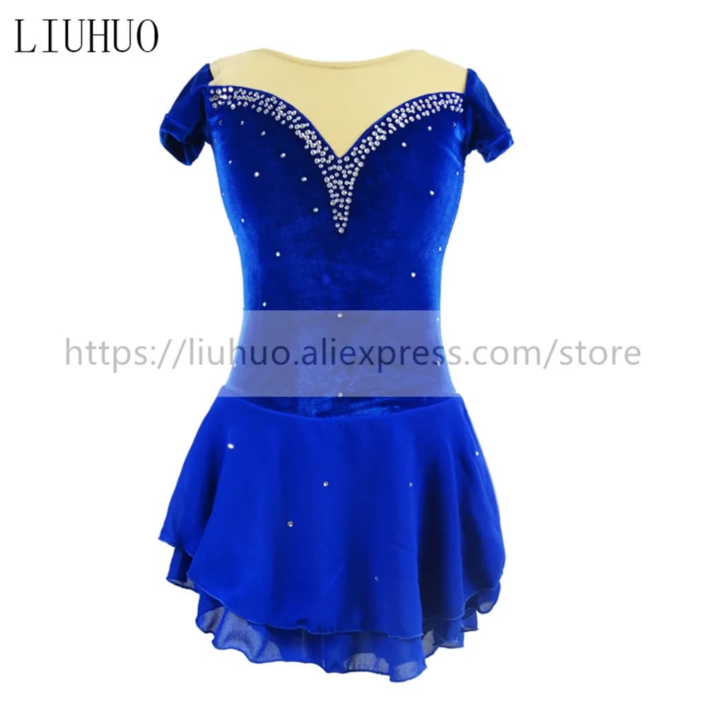 LIUHUO Costume da body da competizione per ginnastica ritmica da donna e ragazza, vestito da pattinaggio artistico su ghiaccio, senza maniche, in velluto blu