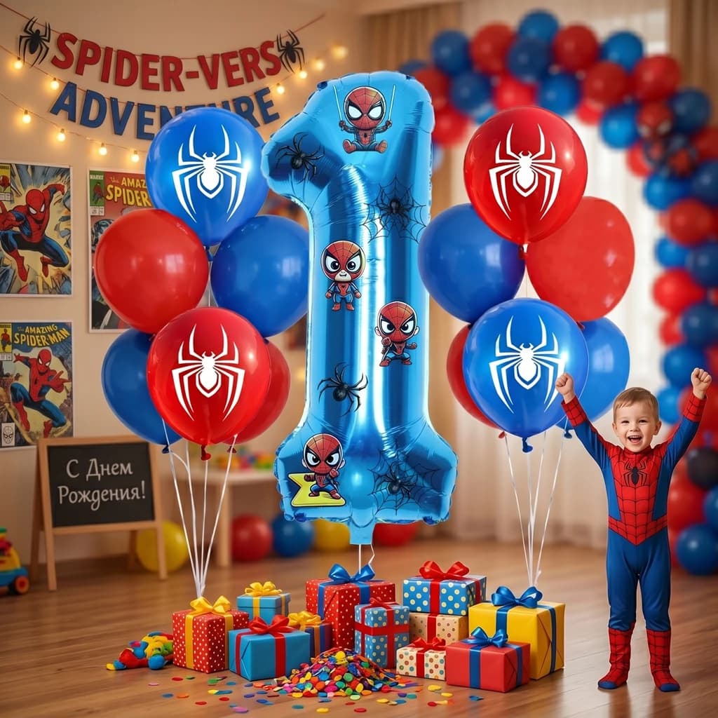 32 Inch Red Blue Spider Theme Number Foil Balloon Set 1-9 Digits With Themed Stickers Birthday Anniversary New Year Party Decor