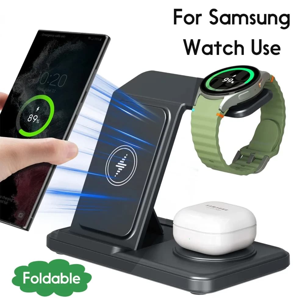 Caricatore Wireless 3 in 1 Pieghevole per Samsung S25 S24 S23 S22 Buds3/2 Pro Galaxy Watch 8 7 6 5 4 3 2 - Stazione di Ricarica Rapida