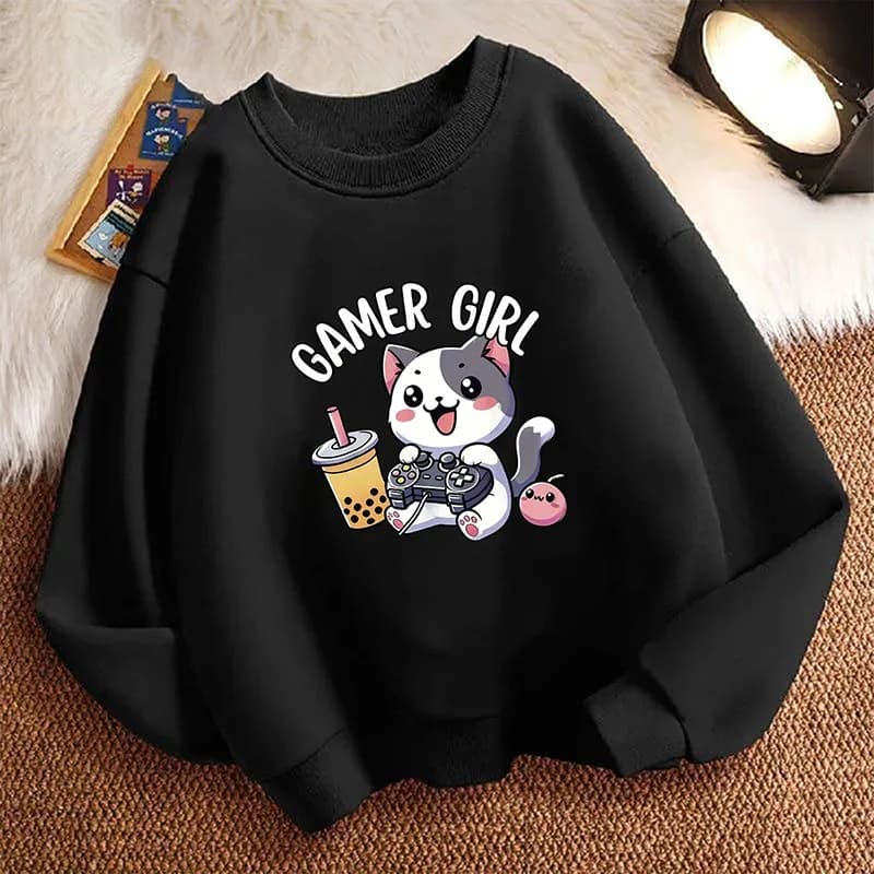 Felpa con Cappuccio per Bambini con Grafica di Gatto e Ragazza Gamer, Pullover Casual per Ragazzi e Ragazze, Autunno Primavera