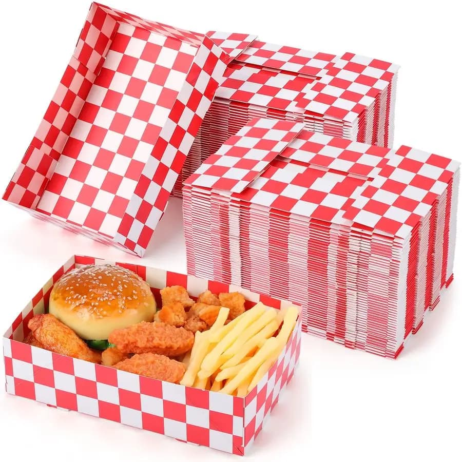 100 Pieces Disposable Trays in Red Cardboard 8.6 x 5.5 x 2.3 Container for Snacks in Card with 4 Corners for Hot Dog