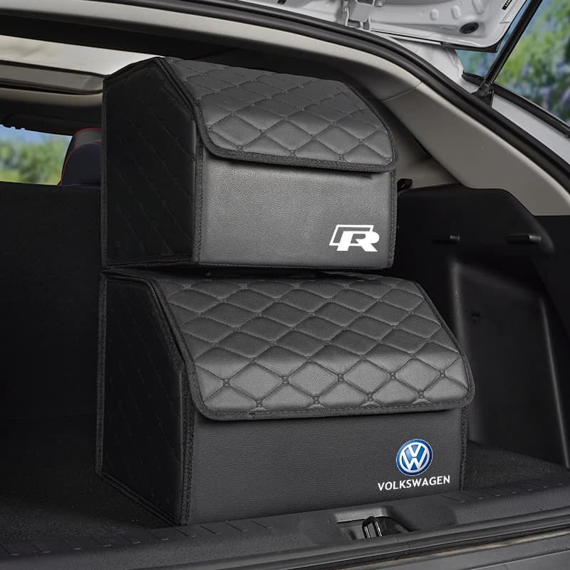 Portabicchieri VW Pieghevoli in Pelle, Contenitore Portaoggetti per Bagagliaio Auto, Organizer per Volkswagen Polo Golf GTI CC Tiguan Arteon Passat Jetta T