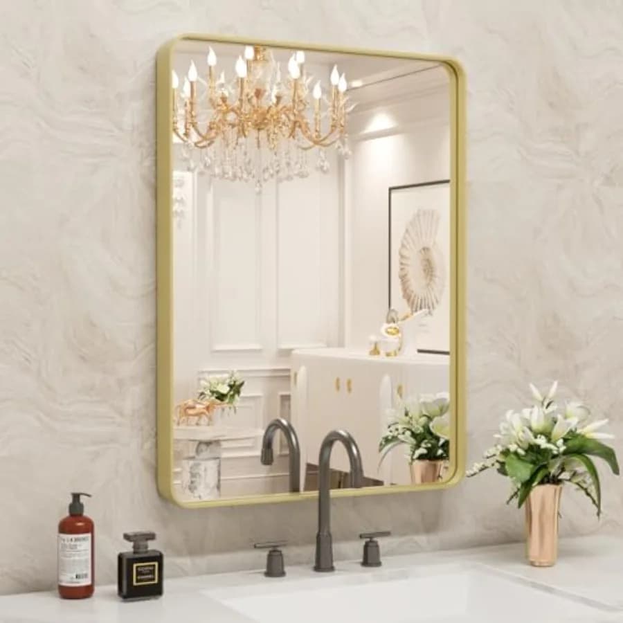 Bathroom Mirror, 20X30 Inch Brushed Metal Frame Mirror, Rounded Rectangle Bathroom Vanity Mirror for Wall, Tempered Glass, Anti