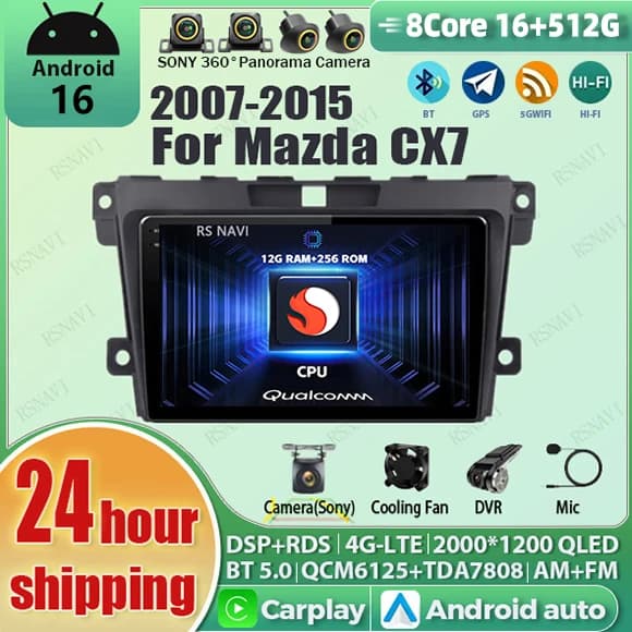 Android 16 wifi+4G Qualcomm 16G - 512G Carplay AUTO Car Radio For MAZDA CX-7 CX7 CX 7 2008 - 2015 GPS Video Player Stereo DSP BT