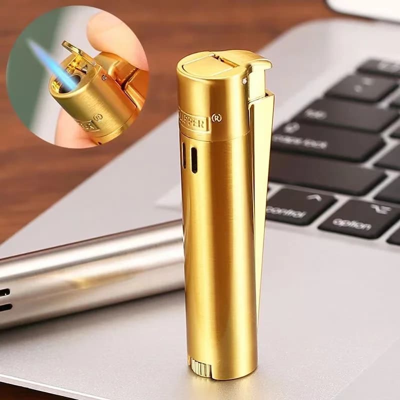 CLIPPER Metal Butane Gas Lighter Windproof Straight Jet Blue Flame With Dust Cap Gift Box Smoking Accessories Gadgets For Men