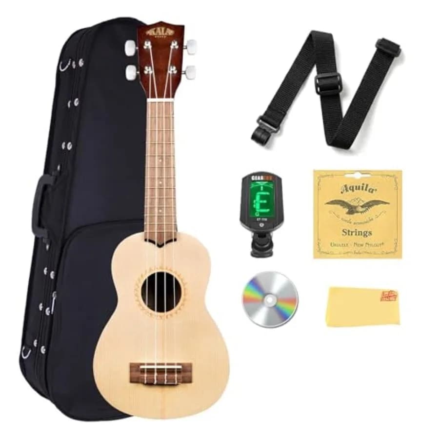 Ukulele Soprano in Abete Satinato con Custodia Rigida, Accordatore, Tracolla, Corde, DVD Istruttivo Austin Bazaar e Panno per Lucidatura in N
