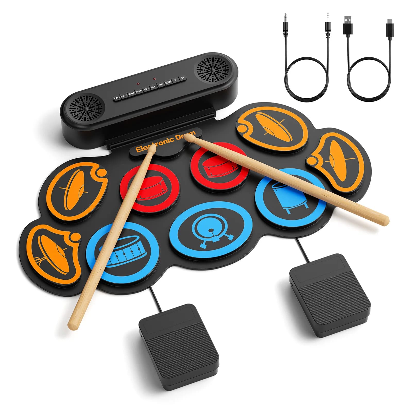 9 Pads Electronic Drum Set Hand Roll Set Supports DTX Gaming/BT Dual Speaker 7 Styles 6 Rhythms 10Demo Songs