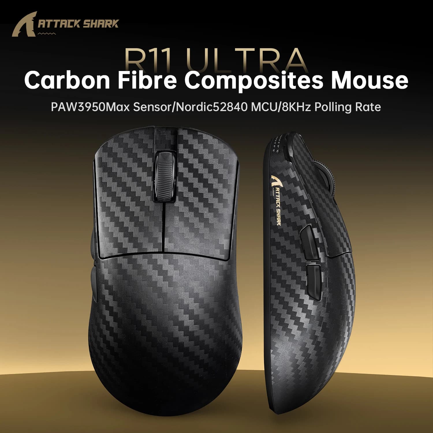 Attack Shark R11 Ultra Gaming Mouse In Fibra di Carbonio Wireless 8K Polling PAW3950MAX Sensore 42000 DPI OMRON 100M Interruttore