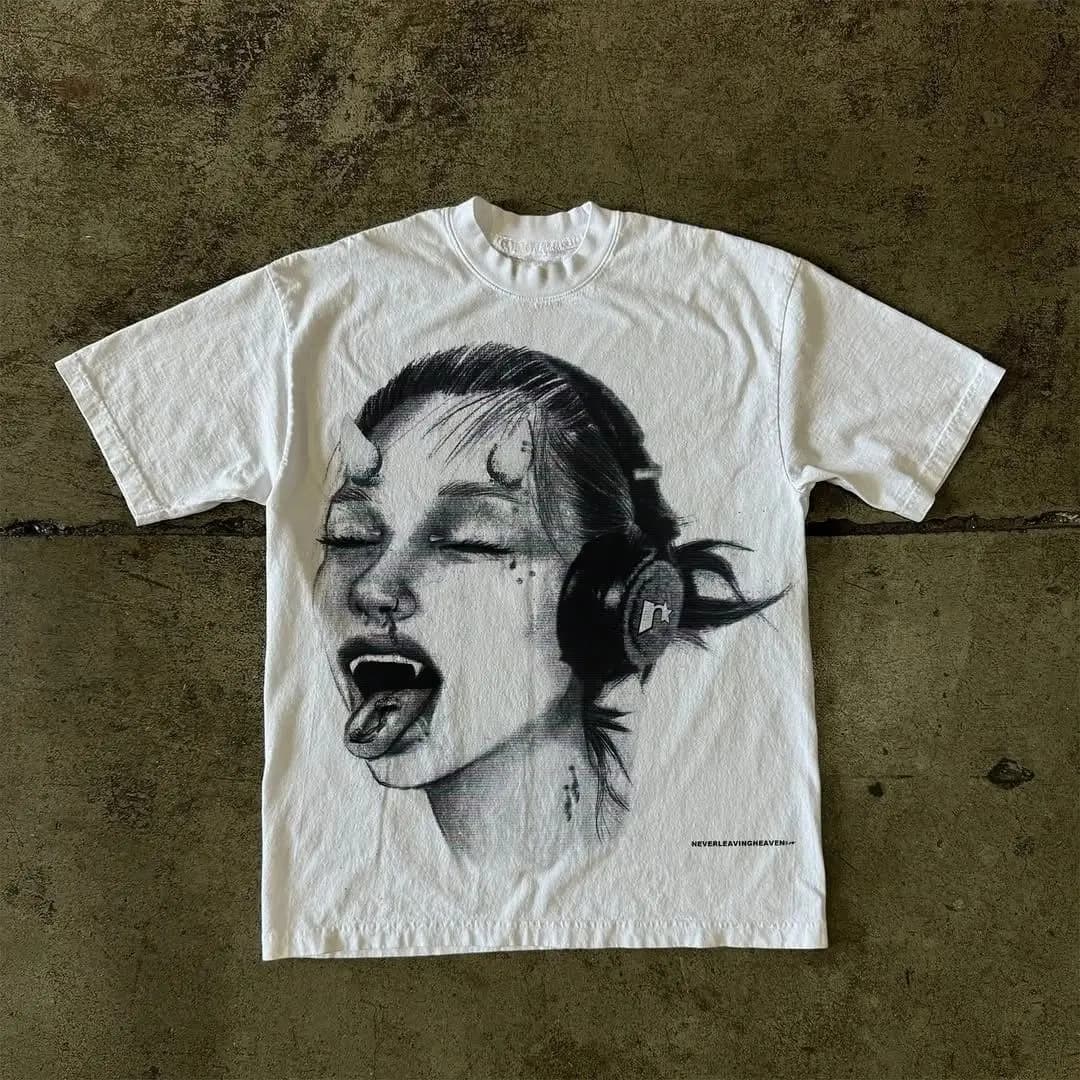 T-shirt Estive Stile Europeo e Americano Y2K con Stampa, Collo Tondo, Casual, Larghe, alla Moda, Vintage, Unisex